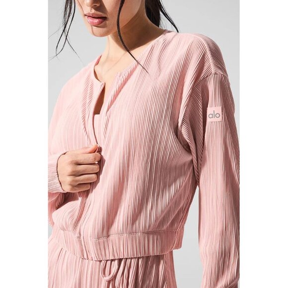 ALO YOGA Women's Cropped Micro Plisse Jacket Size M In Pink Quartz -stained - Picture 2 of 8